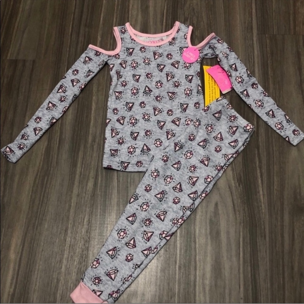 XOXO Girl Diamond print pajama set top and bottoms open shoulder 2 piece pjs set